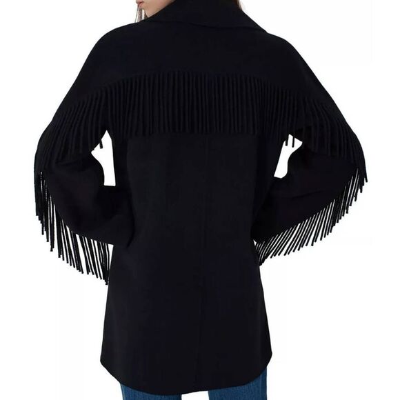 Marella Double Breasted Fringe Wool Blend Coat Black Size 12 - Picture 6 of 15